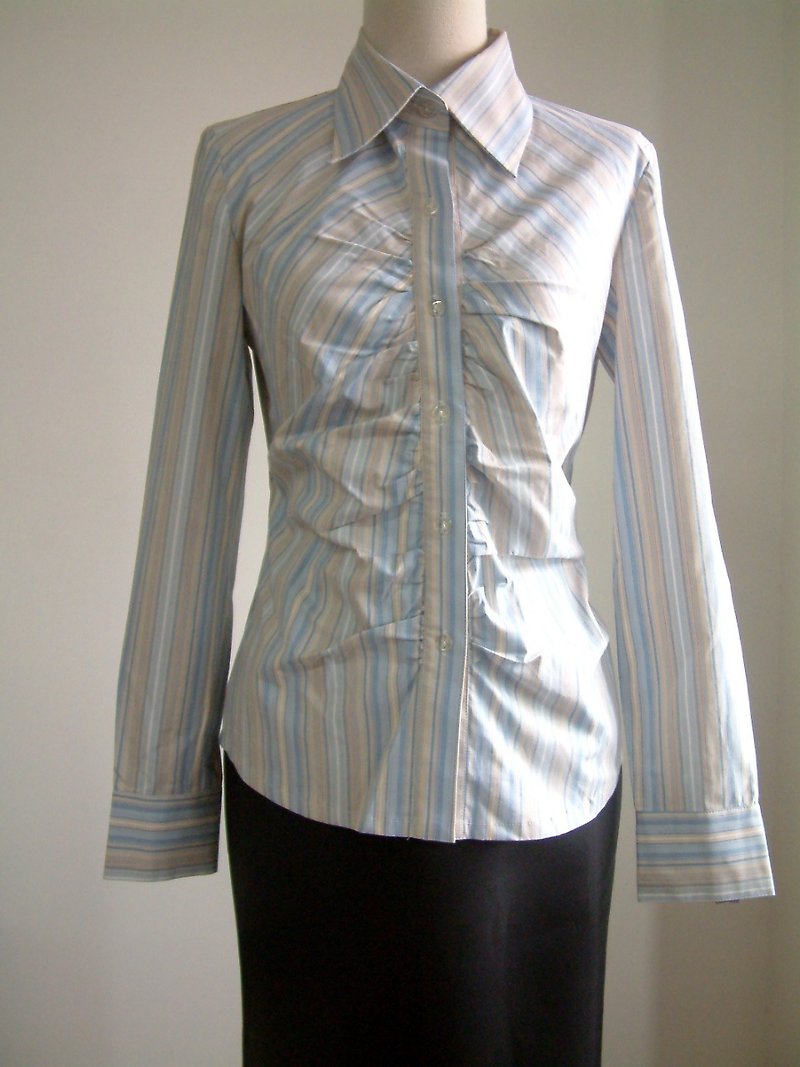 條紋長袖襯衫-粉藍咖啡條 - 女襯衫 - 其他材質 藍色