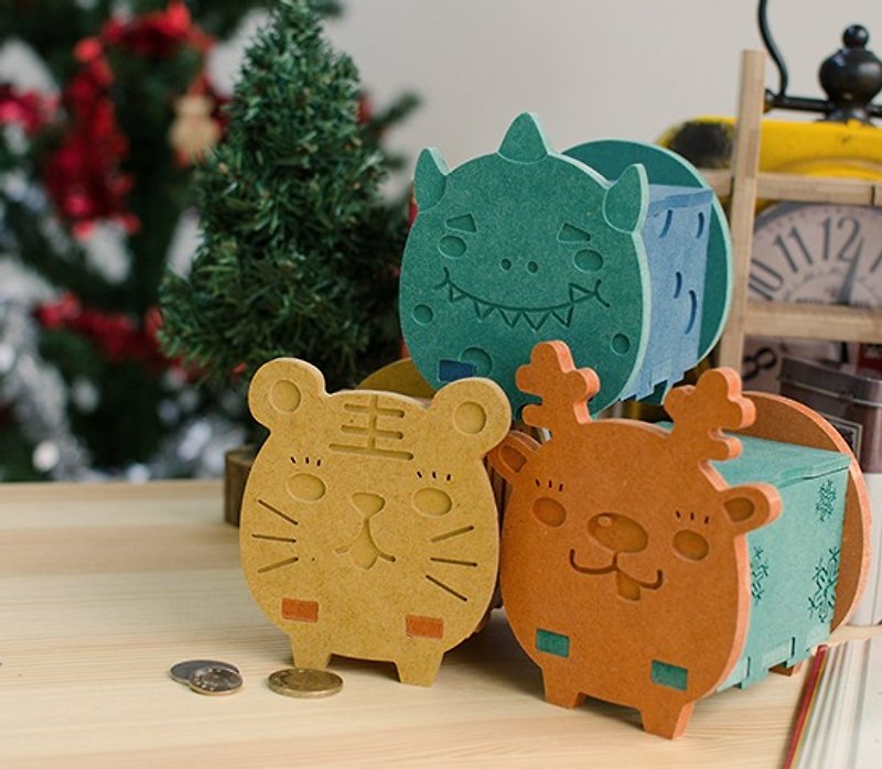 【生日禮物】虎鹿獸 三入 客製化 撲滿 存錢筒 置物盒 - 錢罌 - 木頭 多色