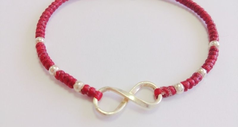 Wax rope bracelet sterling silver bracelet lucky rope bracelet wax thread bracelet infinity symbol red - สร้อยข้อมือ - วัสดุอื่นๆ สีแดง