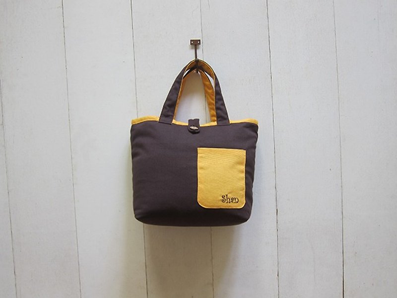 馬卡龍系列-帆布小號木扣開口款托特包 咖啡+芒果黃+外小口袋 - 手提包/手提袋 - 其他材質 多色