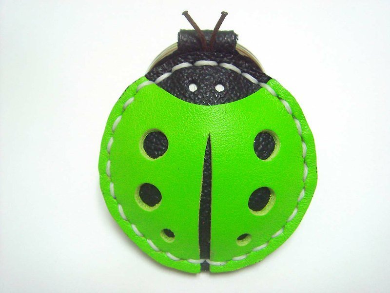 {Leatherprince 手工皮革} 台灣MIT 螢光綠色 可愛 瓢蟲 純手工縫製 皮革 鑰匙圈 / LadyBug Leather Keychain ( Lime Green ) - พวงกุญแจ - หนังแท้ 