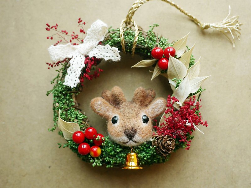 羊毛氈～小鹿聖誕花圈 - ウォールデコ・壁紙 - ウール グリーン