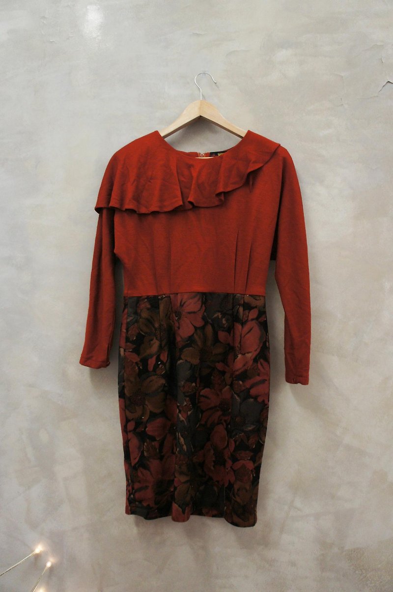 PDBヴィンテージ斜め蓮の葉の襟ビッグフラワープリントスカートウールのドレス - ワンピース - その他の素材 レッド