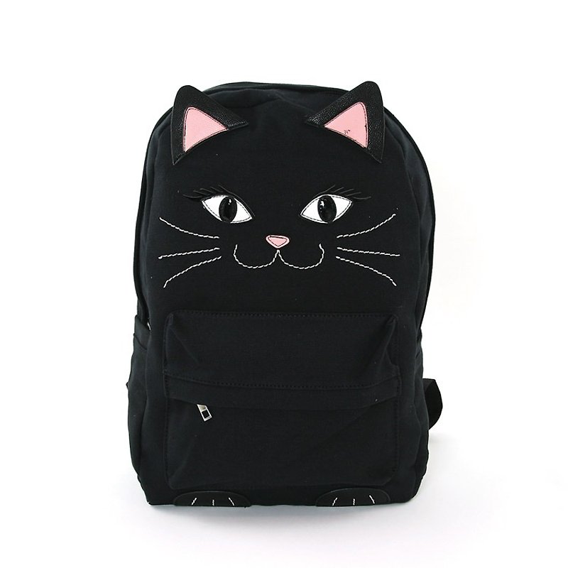 Sleepyville Critters - Black Kitty Cat Canvas Backpack - กระเป๋าเป้สะพายหลัง - ผ้าฝ้าย/ผ้าลินิน สีดำ