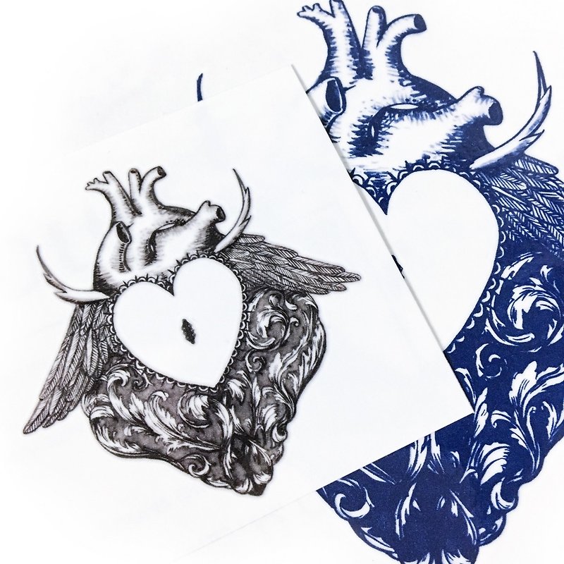LAZY DUO 暗黑刺青紋身貼紙心臟型格愛搖滾中性冷酷文青音樂插畫 - 紋身貼紙 - 紙 藍色