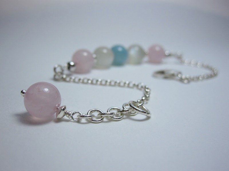 Quiet Lake Water - All Natural Crystal Stone Furong Crystal + Aquamarine + Moonstone 925 Sterling Silver - Bracelets - Gemstone Pink