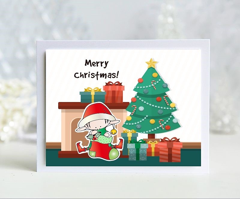 3张merry christmas圣诞节套卡/小精灵过耶诞/纯手工英文卡片