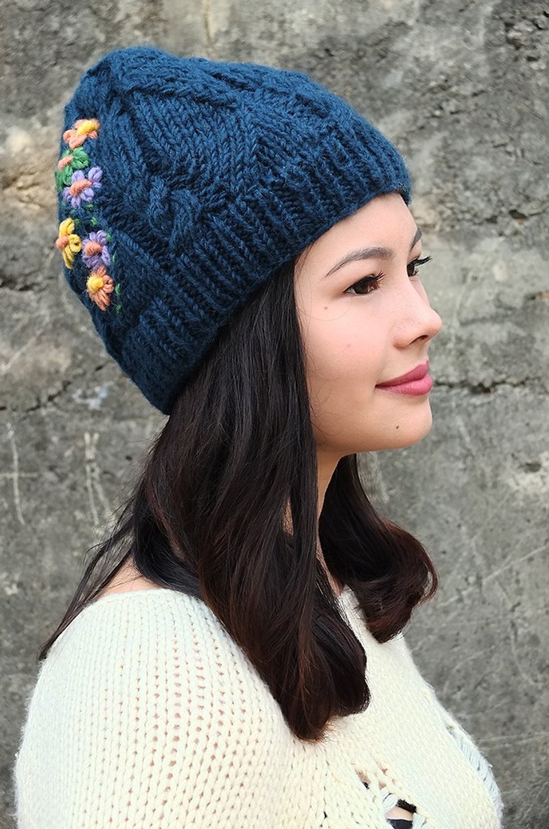Handmade Hand Knit Wool Beanie Hat Flower Embroidery - Hats & Caps - Wool Blue