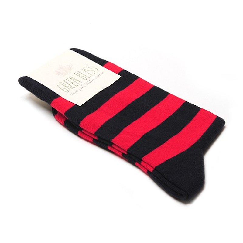 GREEN BLISS 有機棉襪 - [條紋系列] Mistletoe 黑紅條紋 中長襪 (男/女) - 襪子 - 棉．麻 紅色