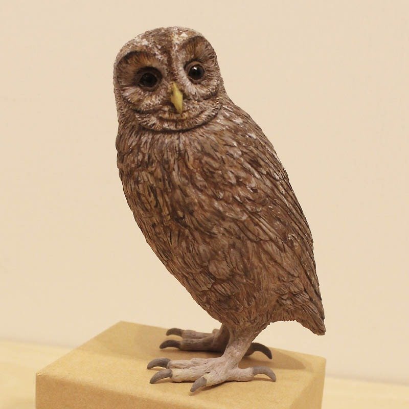 Bird sculpture - sculpture owl tawny owl Strix aluco taupe version - Items for Display - Plastic Brown