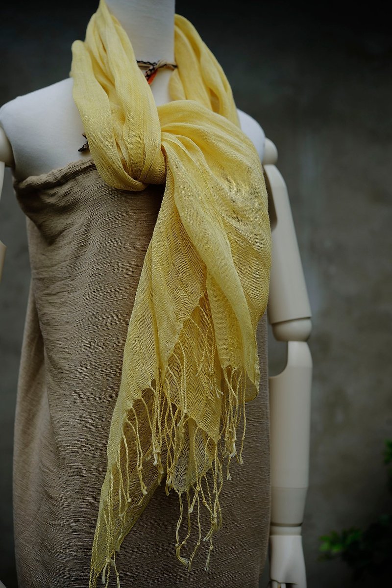 福木梔子亞麻圍巾 - 絲巾 - 棉．麻 黃色