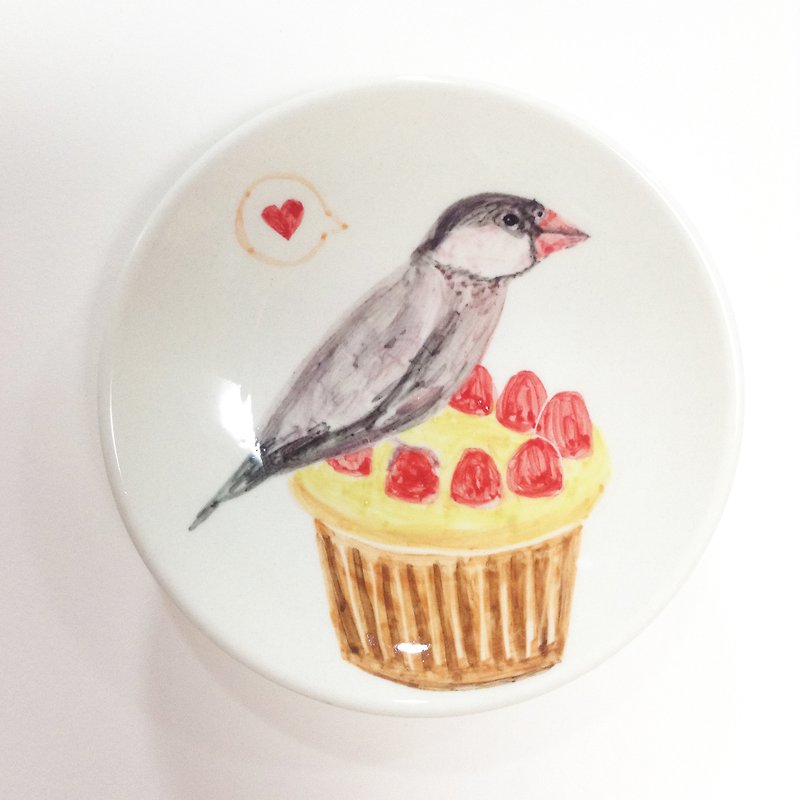 文鳥とカップケーキ - 誕生日の手描きのソーサー - 小皿 - 紙 多色