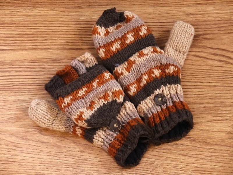 【Grooving the beats】Handmade Wool Mittens, Convertible Mittens, Fingerless Mittens, Wool Gloves, Hand knit Mittens, Hand knit Gloves（Brown） - Gloves & Mittens - Other Materials Brown