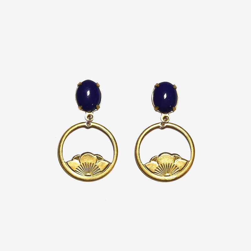 [Indigo] Navy Blue Stones with Lotus Earrings - ต่างหู - โลหะ สีน้ำเงิน