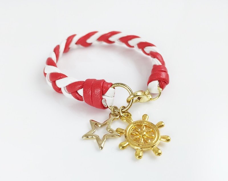 X x red and white stars [rudder] braid - Bracelets - Genuine Leather Red