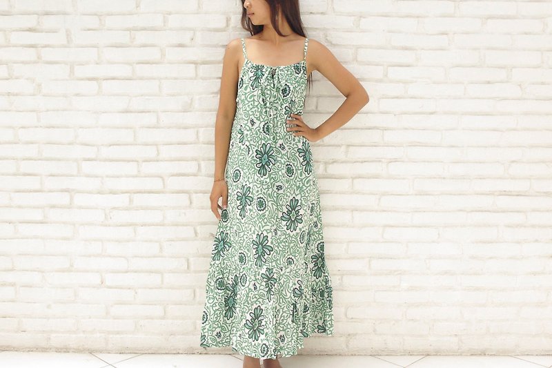 Batik Flower Ruffle Long Dress <Green> - One Piece Dresses - Other Materials Green