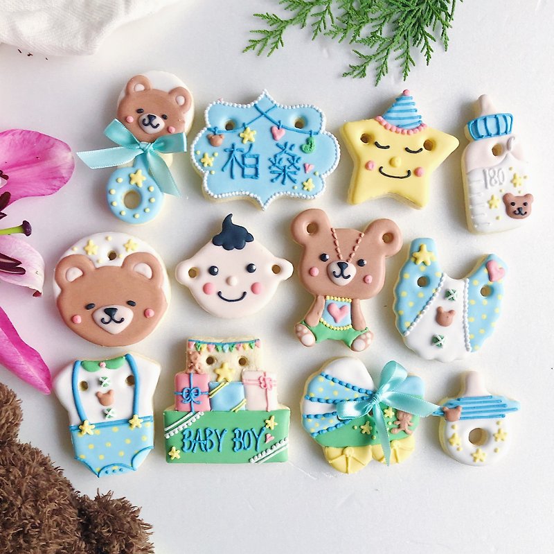 Salivation icing biscuits • Ted boy baby hand-drawn creative design gift box set of 12 pieces - Handmade Cookies - Fresh Ingredients 