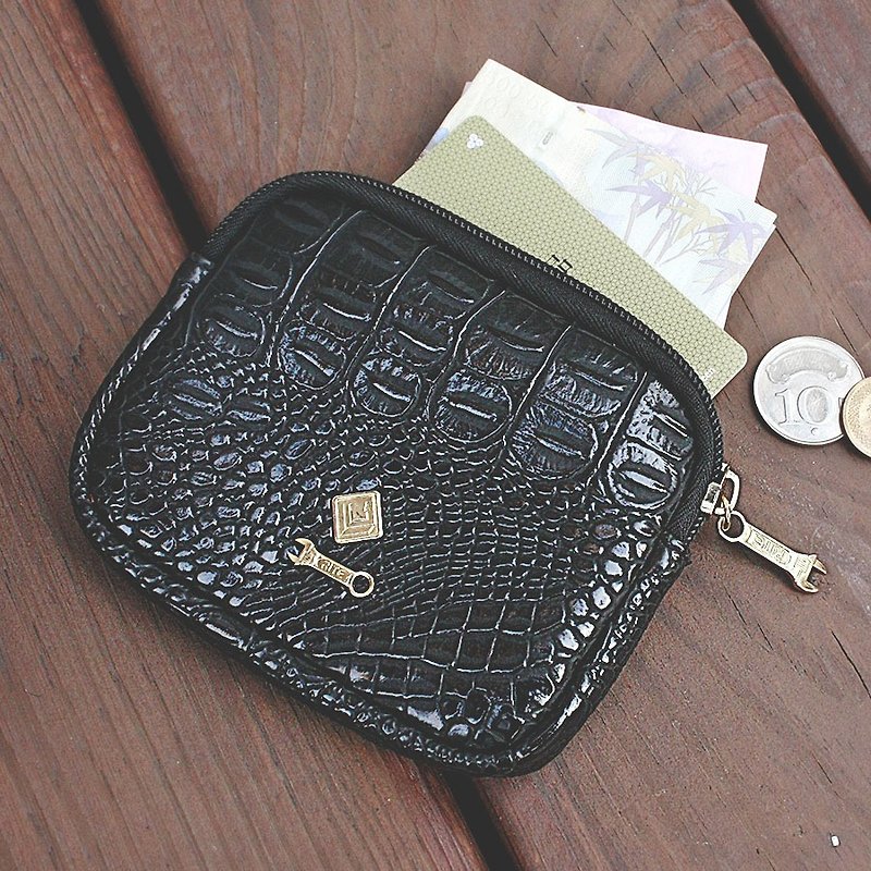 [RITE brand branded plated purse black crocodile leather limited edition] - กระเป๋าใส่เหรียญ - หนังแท้ สีดำ