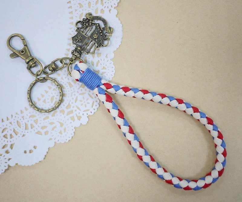 ~M+Bear~ Vintage woven key ring, Wax thread woven key ring (four strands: red, white and blue) - Other - Cotton & Hemp Multicolor