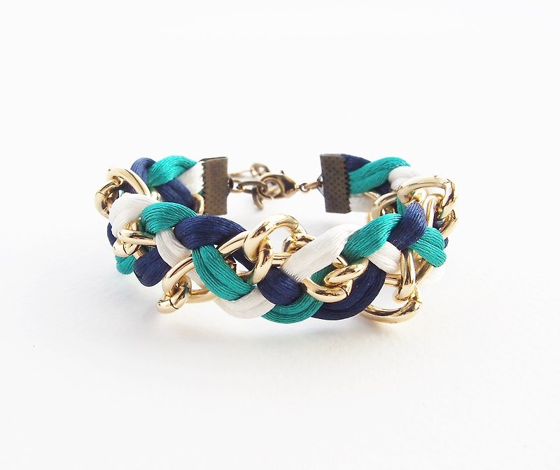 Navy blue,white,green mint braided with gold chain bracelet - สร้อยข้อมือ - วัสดุอื่นๆ หลากหลายสี
