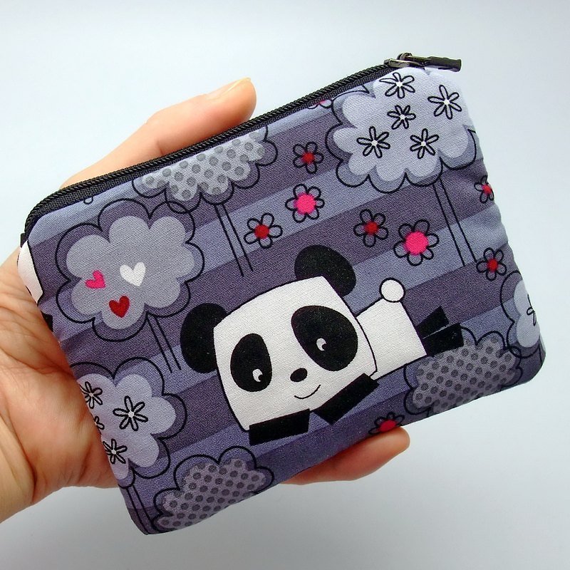 拉鍊零錢包，卡片包，鑰匙包，耳機包，小物包 (可愛熊貓) (ZS-40) - 零錢包/小錢包 - 棉．麻 灰色