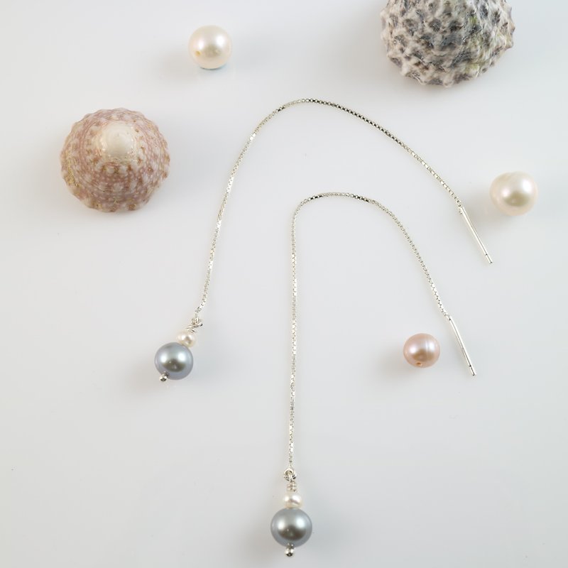 Elegant natural gray pearl sterling silver earrings chain earrings - ต่างหู - เครื่องเพชรพลอย สีเทา