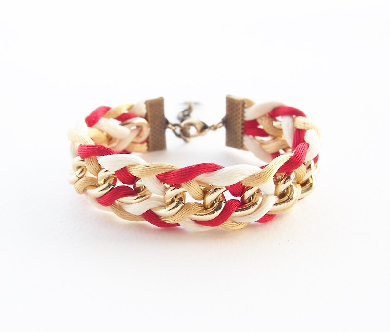Red white gold braided with gold chain - สร้อยข้อมือ - วัสดุอื่นๆ หลากหลายสี