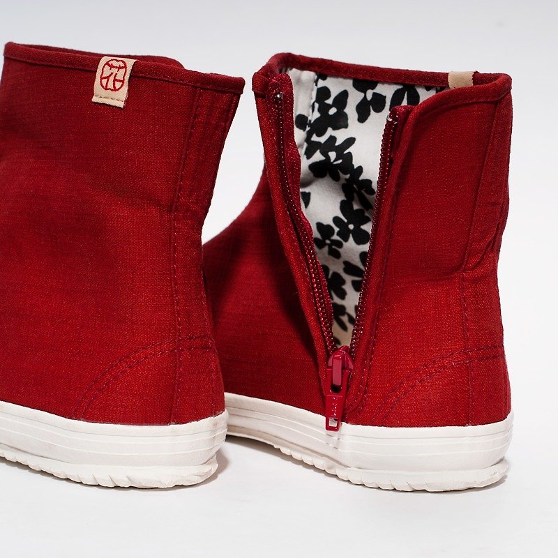棉．麻 女款休閒鞋 紅色 - 聖誕節禮物首選 | 個性兩穿.足袋日.京都紅節紗花布.素雅小花內裏