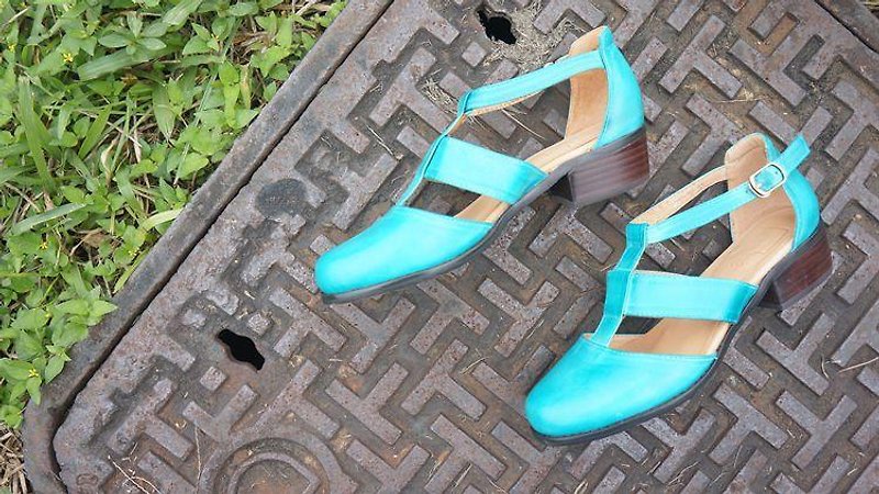 # 867 # Picnic with jam. Roman Baotou shoes blue - Sandals - Genuine Leather Blue