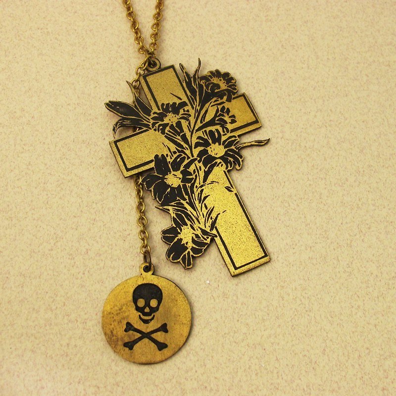 Hand Bronze cross hanging read necklace -ART64 - สร้อยคอ - โลหะ สีทอง