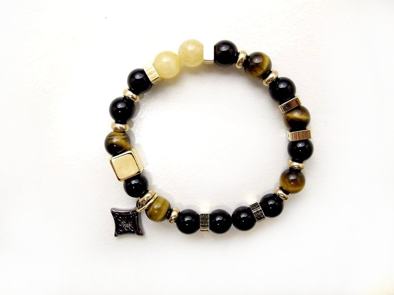 Early yellow tiger eye/topaz/black agate ore bracelet - สร้อยข้อมือ - วัสดุอื่นๆ สีนำ้ตาล