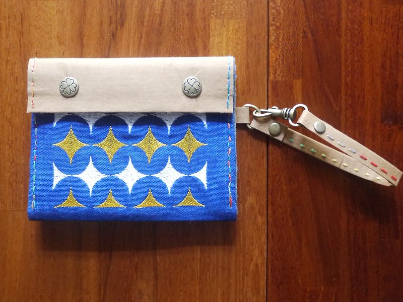 Bright star pattern / Japanese wind / printing / hand sewing / embroidery purse / washed kraft paper - กระเป๋าสตางค์ - งานปัก สีน้ำเงิน