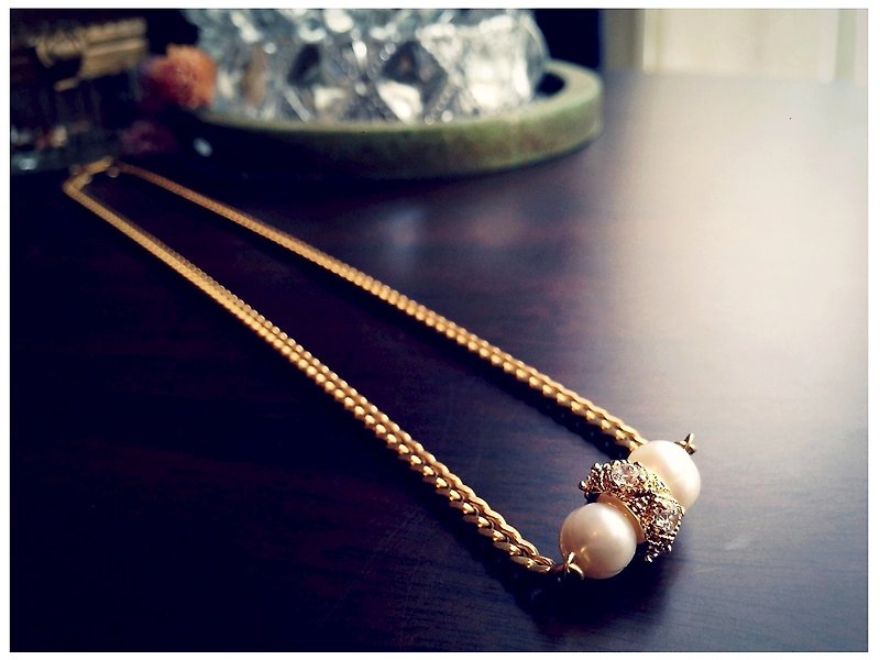 ∴Minertés = classic diamond plated Bronze roller ‧ pearl necklace ∴ - สร้อยคอ - เครื่องเพชรพลอย สีทอง