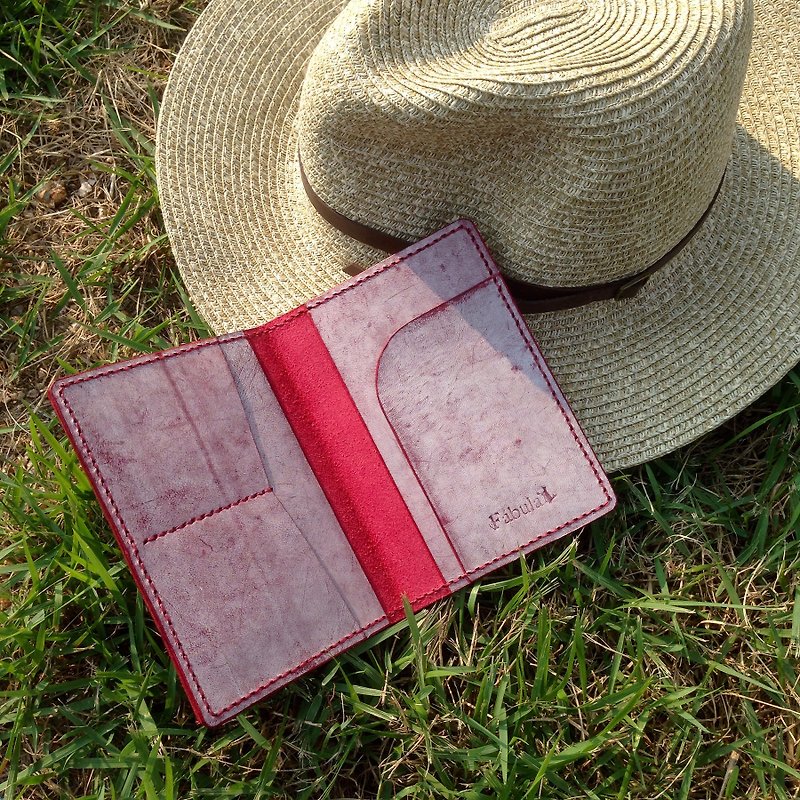 Hand-stitched leather passport holder/passport cover polished Wax leather red wine color (Red Wine Color) - ที่เก็บพาสปอร์ต - หนังแท้ 
