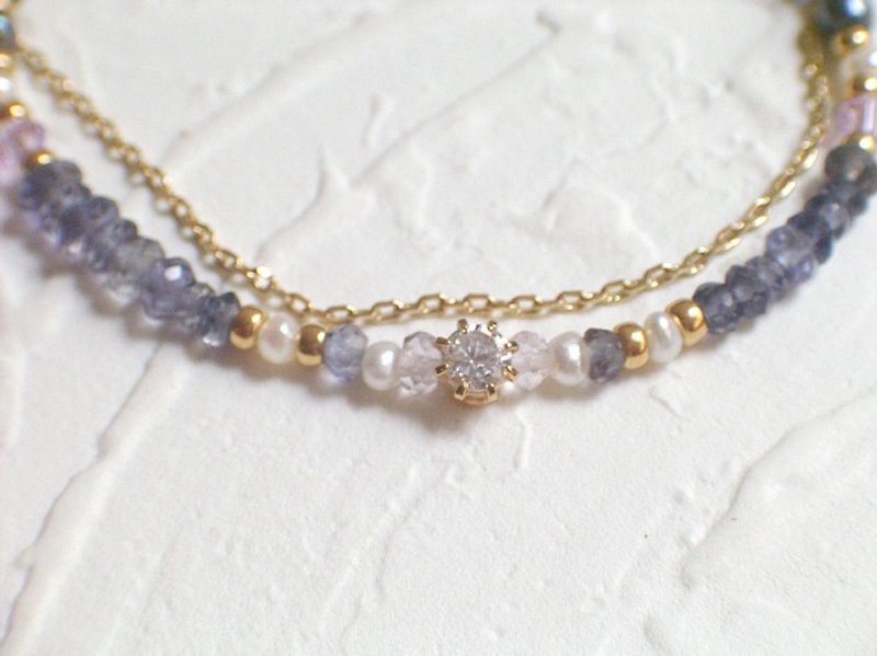 優雅堇青石珍珠鋯石雙層手鍊 - 手鍊/手環 - 其他材質 紫色