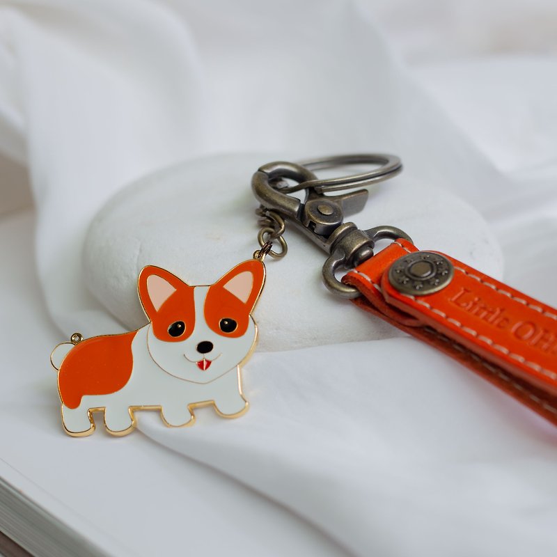 VIP Corgi Dog Pet Long Keychain Single-sided Engraving Customized Gift - ที่ห้อยกุญแจ - หนังแท้ 