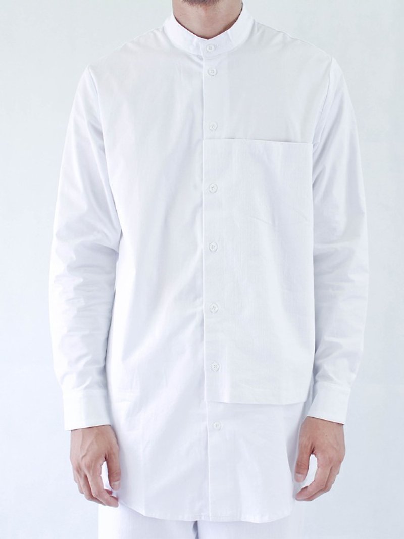 Chainloop Long shirt fashion loose stitching trim white minimalist - Men's Shirts - Cotton & Hemp White