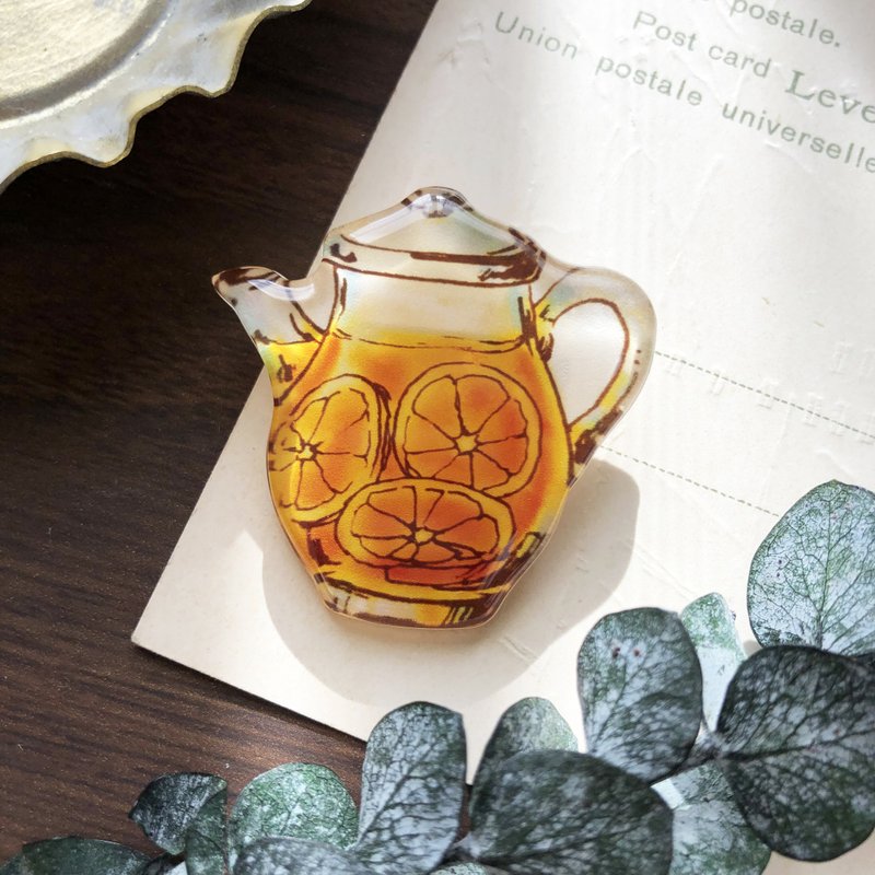 Grapfruitteapot brooch　グレープフルーツティーポットブローチ - ブローチ - ウール イエロー