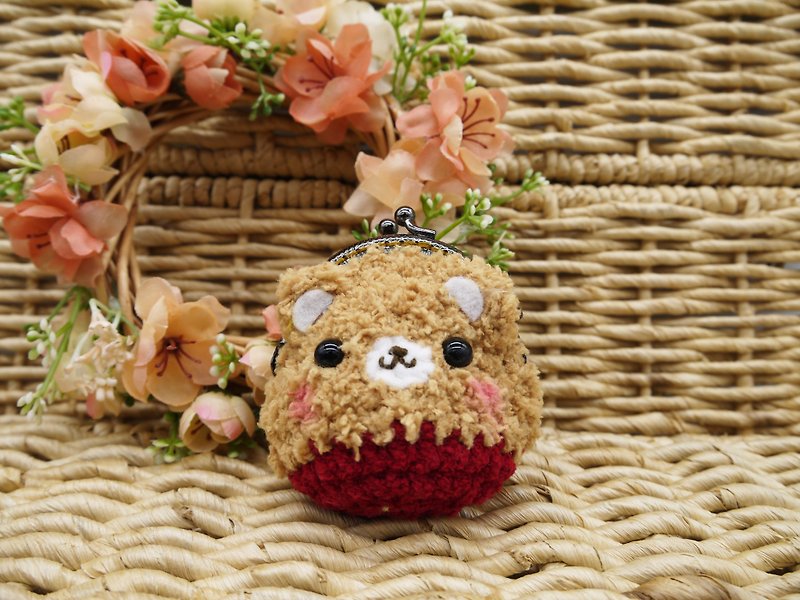 Animal wool knit mini purse mouth gold package - Caramel Bear - Coin Purses - Other Materials Brown