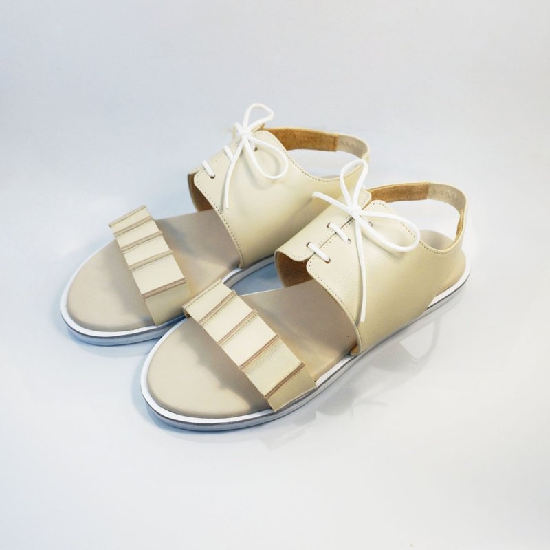 Eggshell cream-Lace Up sandals - รองเท้ารัดส้น - หนังแท้ สีเหลือง