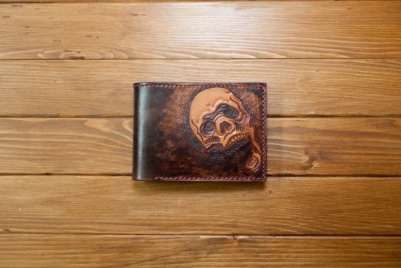 Hand-carved vegetable tanned leather short clip, crepe leather clip - Wallets - Genuine Leather Brown