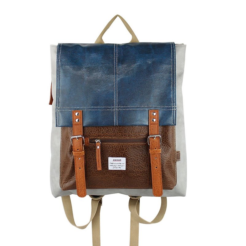 AMINAH-Grey schoolbag type backpack [am-0254] - กระเป๋าเป้สะพายหลัง - หนังเทียม สีเงิน