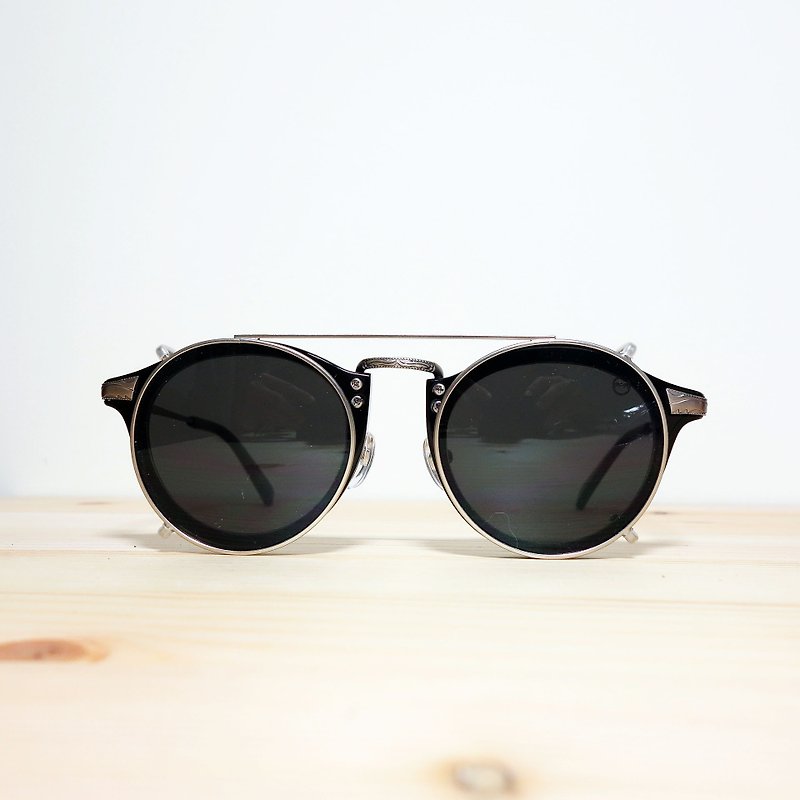日本中金復古板材圓框＋偏光黑色墨鏡夾片 39g - 眼鏡/眼鏡框 - 塑膠 黑色