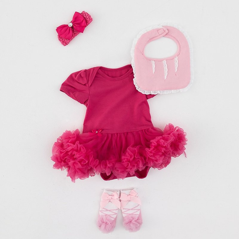 女嬰雪紡蓬蓬裙連身衣禮盒組 -桃紅芭比(短袖連身衣+圍兜+寶寶襪) - 彌月禮盒 - 棉．麻 紅色