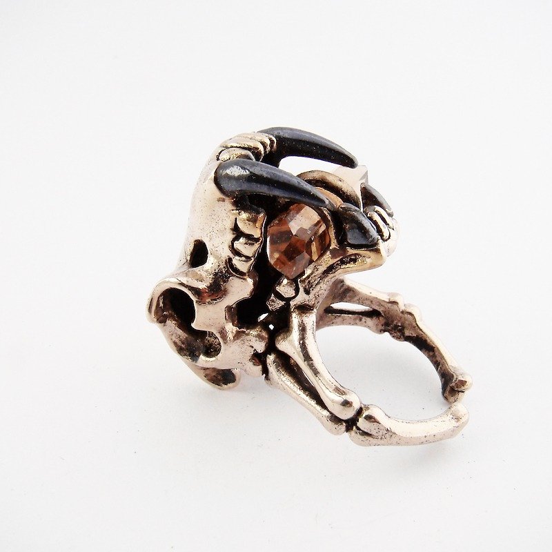 White bronze Saber tooth skull ring with smoky quartz stone and oxidized antique color - General Rings - Other Metals 