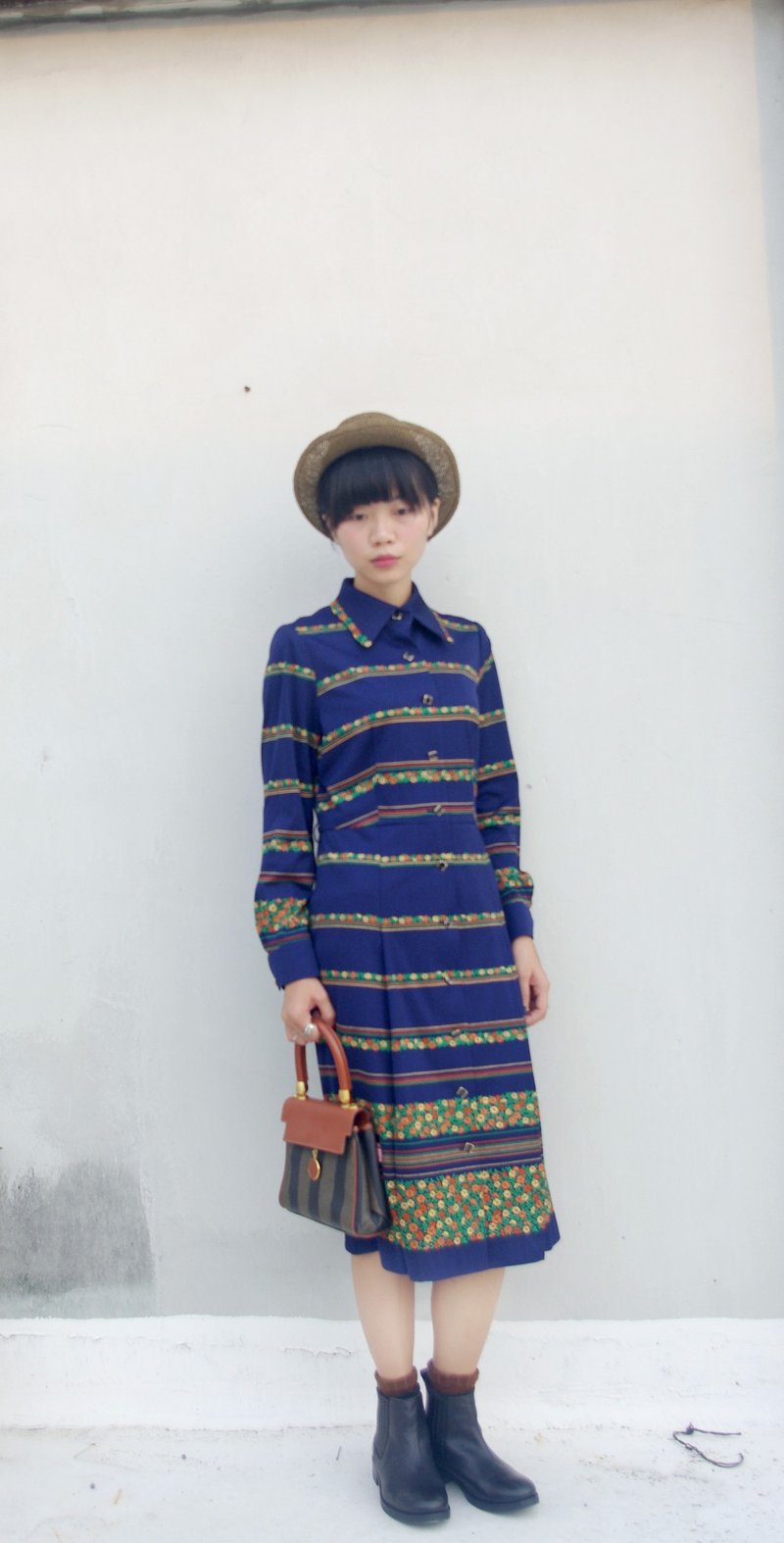 4.5studio- Japan Kanghui Shimokitazawa vintage - retro small daisy print navy blue knit long dress - One Piece Dresses - Other Materials Blue