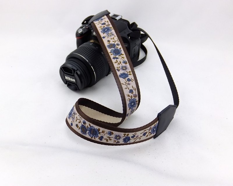 Camera strap can print personalized custom leather stitching national wind embroidery pattern 025 - ขาตั้งกล้อง - หนังแท้ สีน้ำเงิน