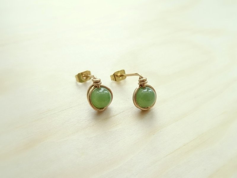 Ear Studs - Nephrite (Taiwan Jade) Beads Brass Wire Wrapped Stud Earrings - Earrings & Clip-ons - Gemstone Green