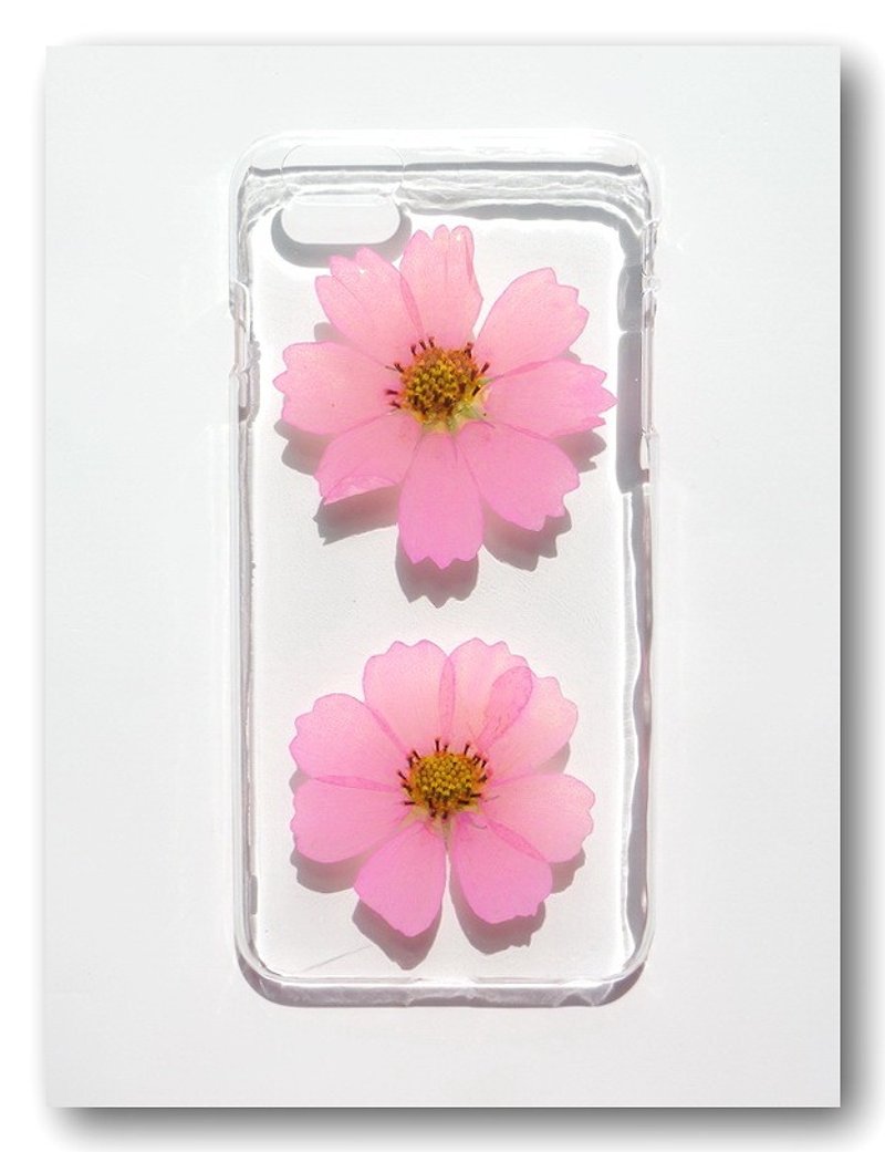 押し花電話ケース、手作りの本物の花、咲くコスモス、パート3と - スマホケース - プラスチック ピンク