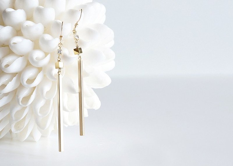 [14KGF] Earrings, CZ Skinny Stick, Tiny Gemstone Gold Hematite dice - Earrings & Clip-ons - Gemstone Gold